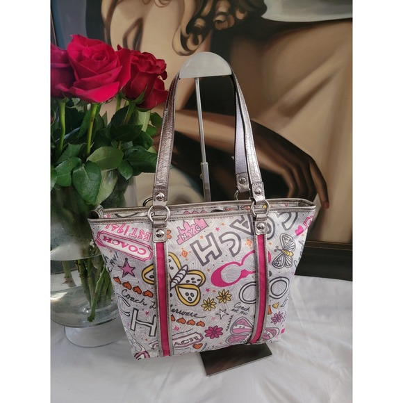 Coach Handbags - Coach Poppy Graffiti Tote Bag Metallic Silver Pink Multicolor F15712
Beautiful